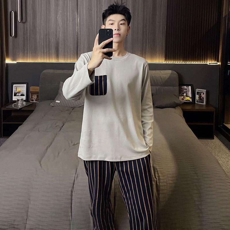 Vapetix L-XXXL Men's Spring and Autumn Winter Pajama Set with Double Pockets, Pull-on Style, Cotton-like Material, – Bild 2