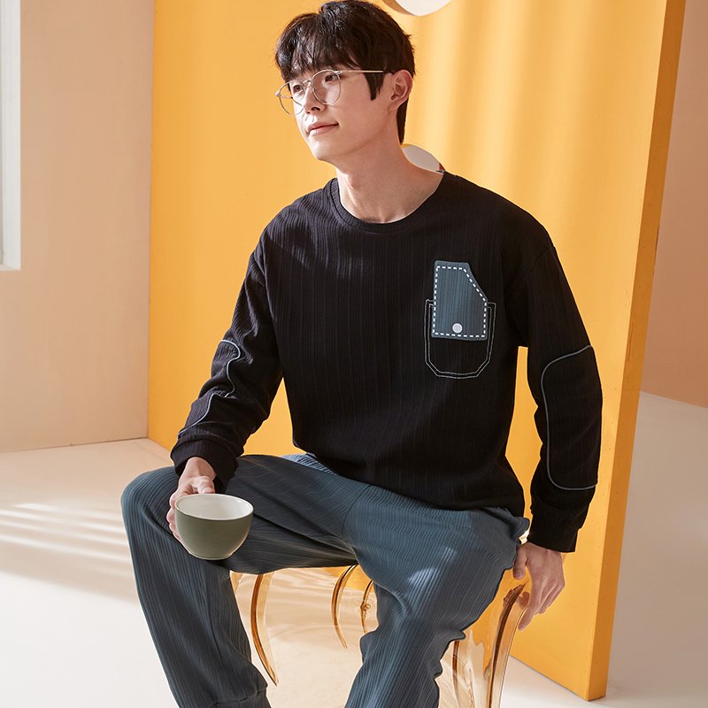 Vapetix L-XXXL New Autumn Cotton-Imitation Men's Flat Round Neck Hooded Long Sleeve Long Pants Pajama Set for Men - 图片 2