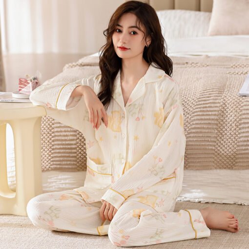Vapetix M-XXXL  Women's Postpartum Wear Set - 100% Cotton Gauze Collarless Open-Front Top and Long-Sleeve Long Pant