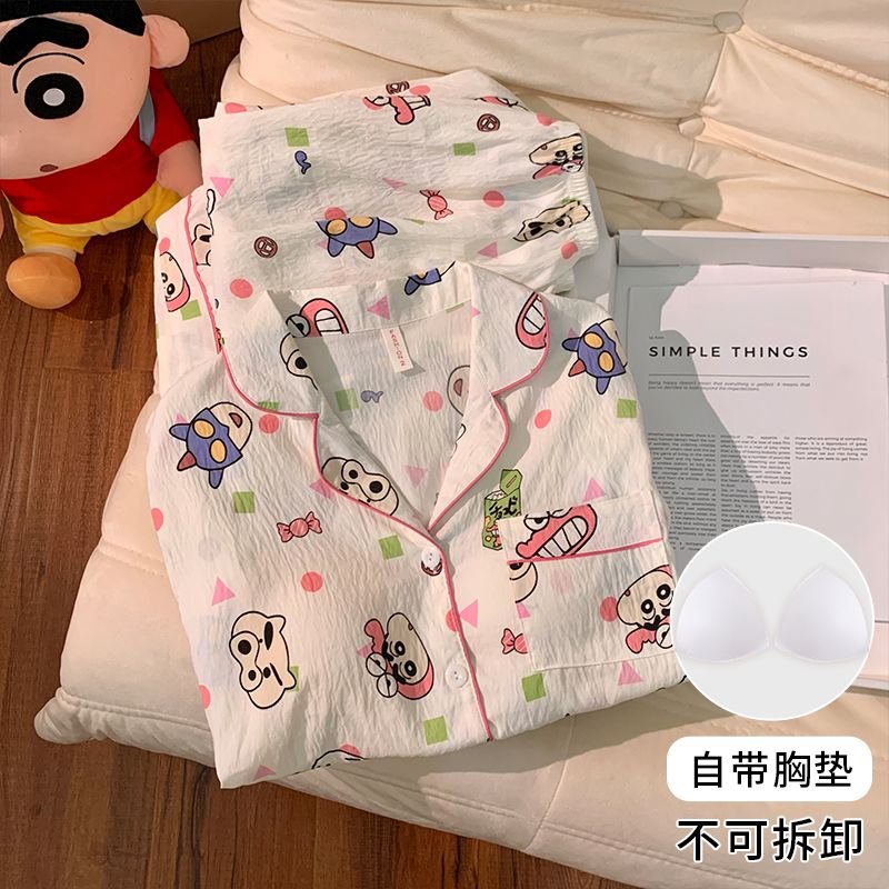 Vapetix M-XXL Women's Fall New Sleepwear Set with Bra Cup Knitted Cloud Cotton Cardigan Sweet Long Sleeve Homecom