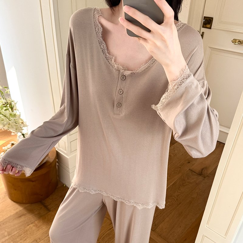 Vapetix M-XXL Orange Heart 【Batch 14】Autumn New Cotton Lining Pajamas Set for Women Sweet Lace Edge Loose Two-Pie