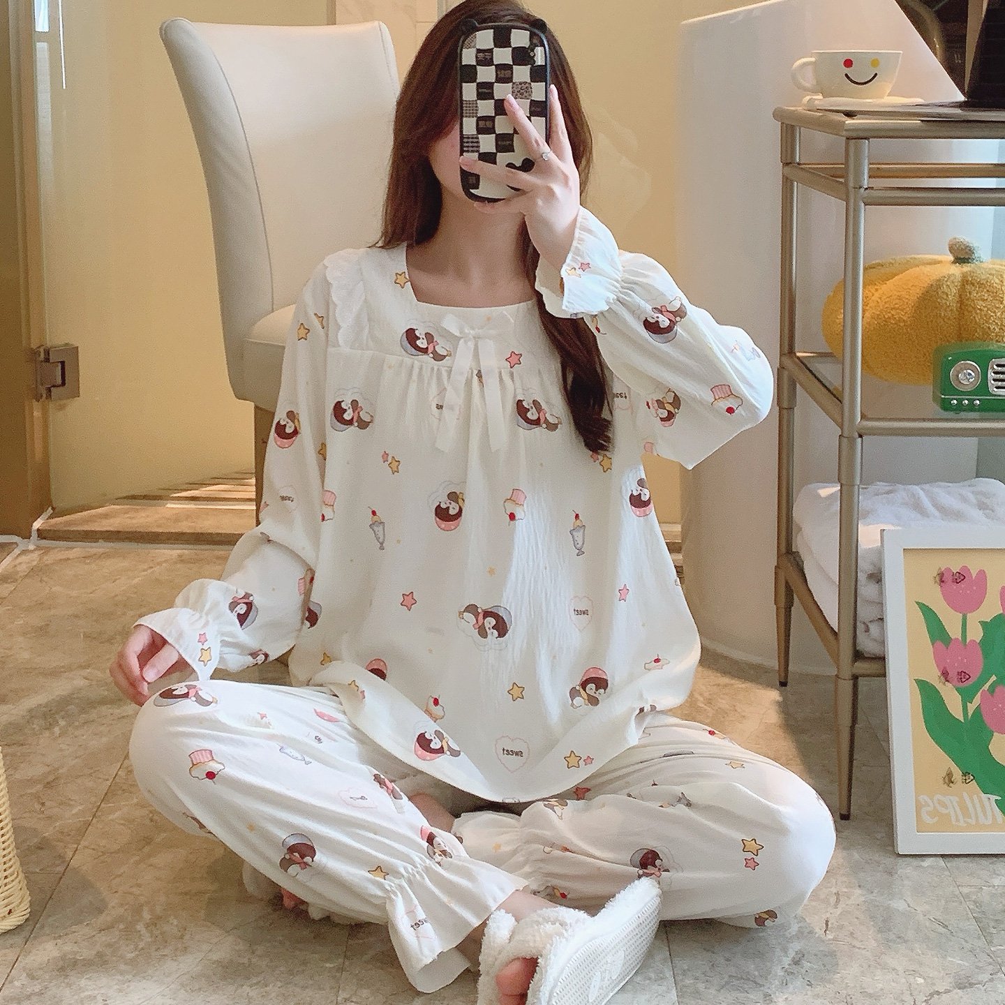 Vapetix M-XXL Qiao Mengran 2025 Autumn Cloud Cotton Square Collar Long Sleeve Long Pants Nightgown Set for Women – Bild 2