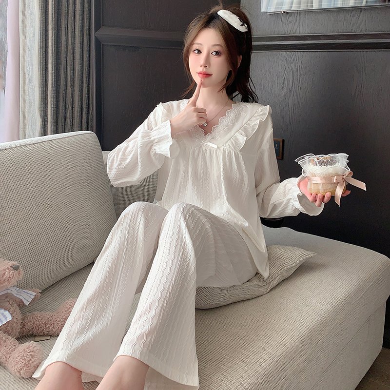 Vapetix M-XXL Fixed Bra Cup V-Neck Lace Sweet Princess Style Homecoming Pajamas Spring and Autumn 6535 Damask Cot