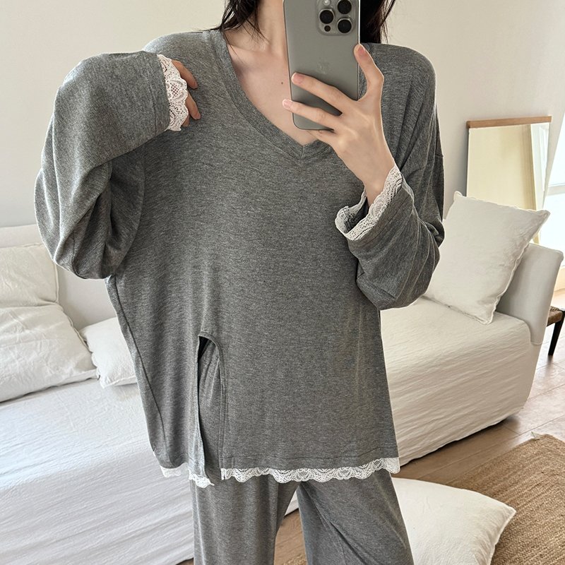 Vapetix M-XXL Orange Heart 【Batch 14】Autumn New Cotton Lined Pajamas Set for Women Sweet Lace Edge Loose Two-Piec - 图片 5