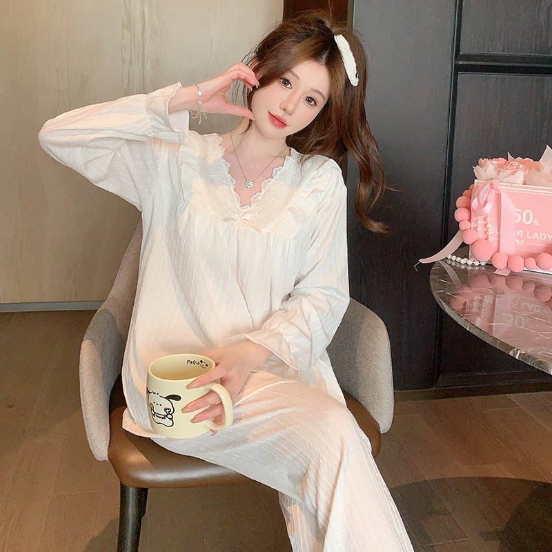 Vapetix M-XXL Fixed Bra Cup V-Neck Lace Sweet Princess Style Homecoming Pajamas Spring and Autumn 6535 Damask Cot – Bild 2