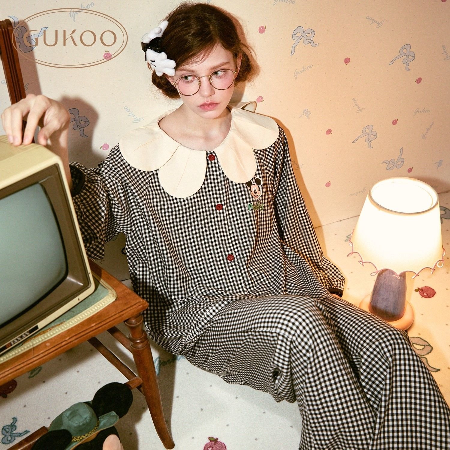 Vapetix M-XXL Women's Sweet Mickey Plaid Baby Collar Cloud Cotton Long-Sleeved Long Pants Homecoming Set for Spri - 图片 2