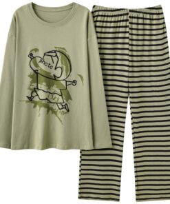 Vapetix M-XXXL  New Autumn 100% Cotton Crew Neck Pullover Long Sleeve Long Pants Sleepwear Set for Men and Women, C