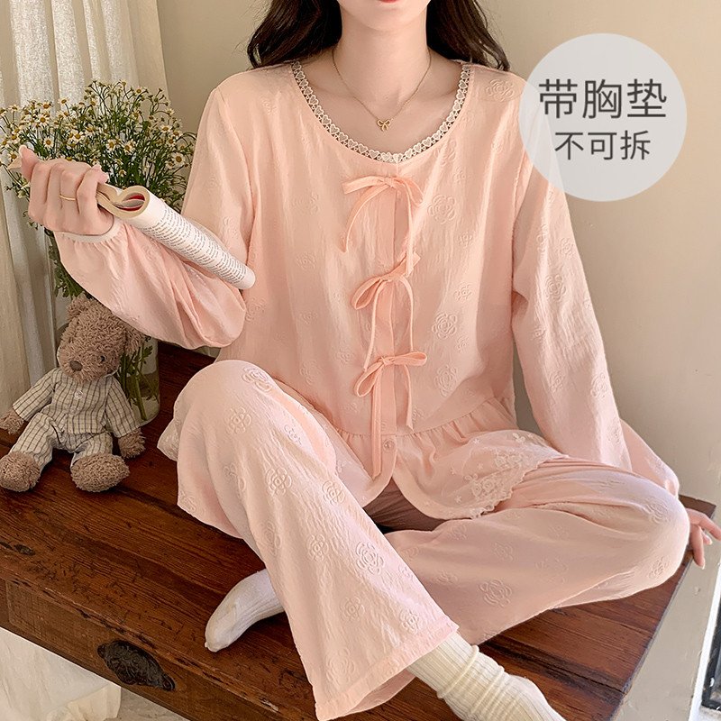 Vapetix M-XXL 【Qiao Mengran】Cloud Cotton Ribbon Bralette Sleepwear Set for Women - Spring and Autumn Sweet Long-S - 图片 4
