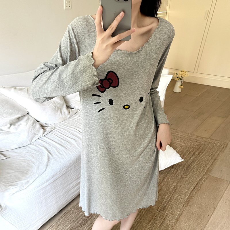 Vapetix M-XXL Xinbao (Autumn 80) Fall Medium-Long Loose Women's Cute Sweet Cartoon Ribbed Pits Striped Cotton Hom – Bild 5