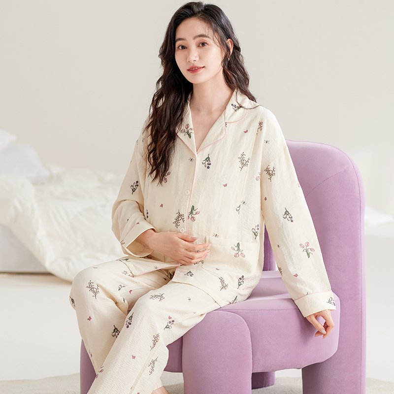Vapetix M-XXL Women's Cloud Cotton Gauze Cardigan Sleepwear Set for Spring and Autumn, Postpartum and Pregnancy,