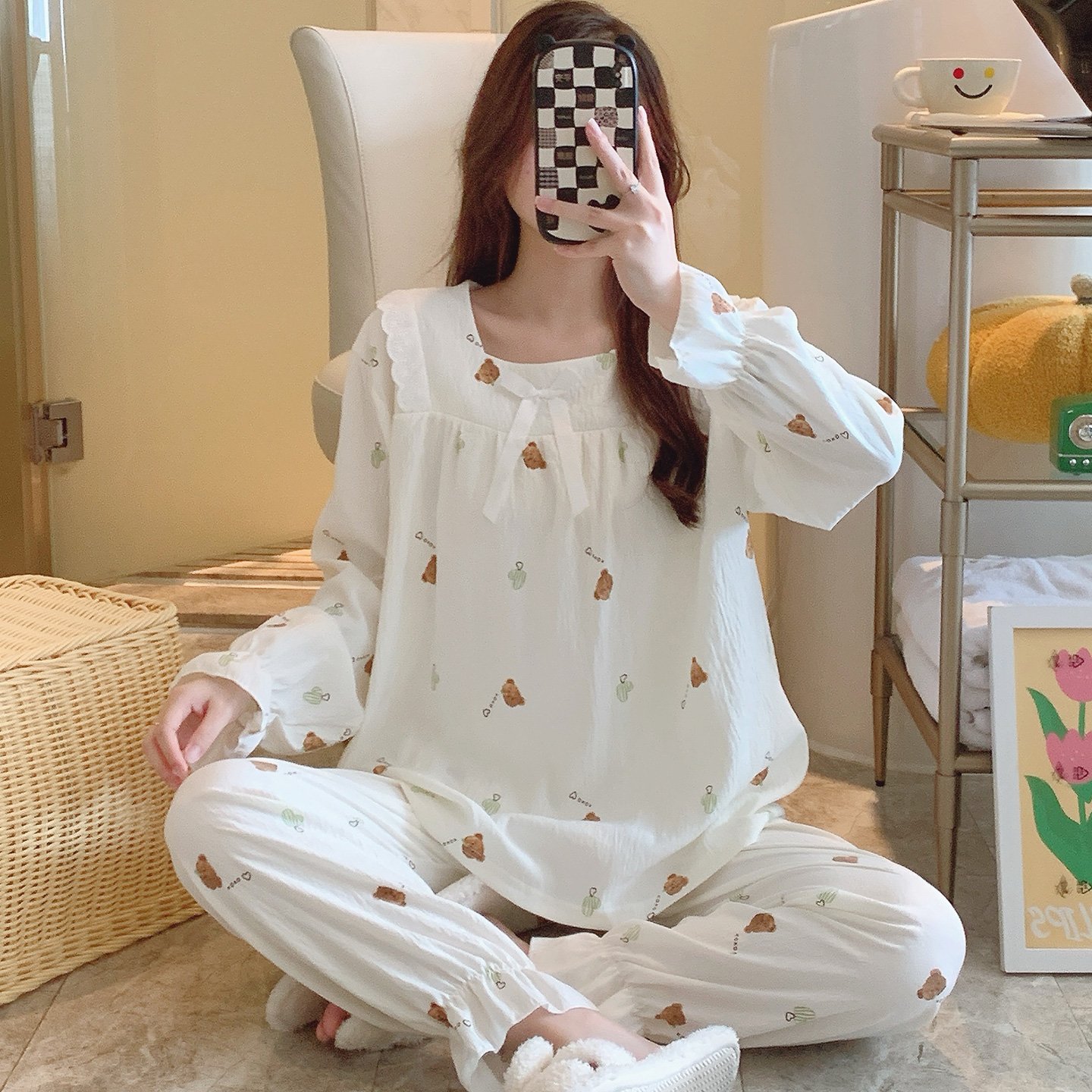 Vapetix M-XXL Qiao Mengran 2025 Autumn Cloud Cotton Square Collar Long Sleeve Long Pants Nightgown Set for Women