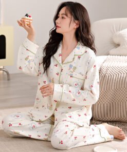 Vapetix M-XXXL  Autumn New Women's 6040 Cotton Collarless Open Front Long Sleeve Long Pants Pajama Set for Women Ho
