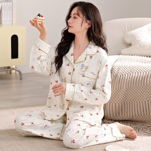 Vapetix M-XXXL  Autumn New Women's 6040 Cotton Collarless Open Front Long Sleeve Long Pants Pajama Set for Women Ho