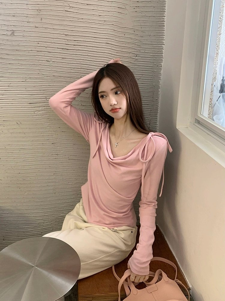 Vapetix S-XL Modest Cotton 260g Bowknot Strapped Off-the-Shoulder Long Sleeve T-shirt for Women - 2025 Autumn Ne – Bild 2