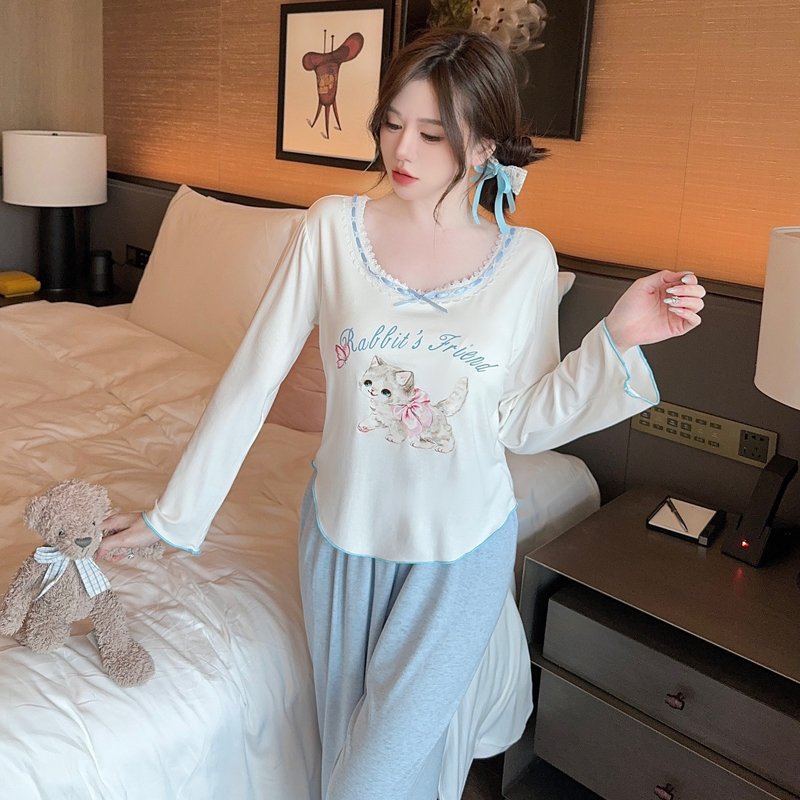 Vapetix M-XL 2-Color 【With Unremovable Chest Pads】Spring and Autumn Long-Sleeve Nightgown Set for Women, Modal C