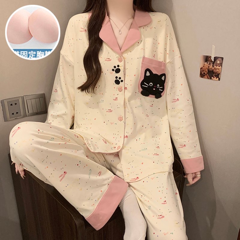 Vapetix M-XXL Women's Set: Collared Long-Sleeve Open-Front Pajama Top with Cotton-Poly Blend and Built-in Bralett