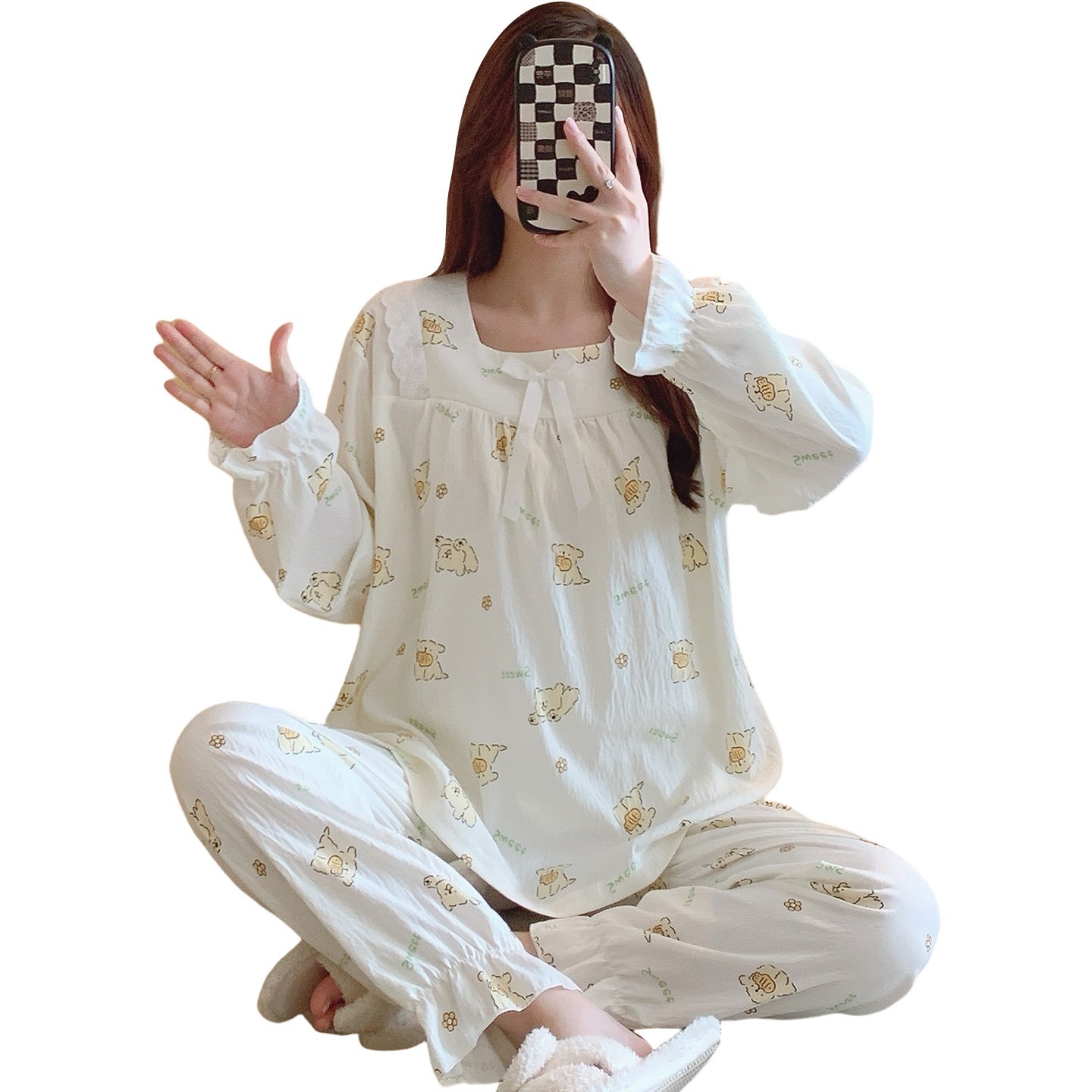 Vapetix M-XXL Jo Mengran 2025 Autumn Cloud Cotton Square Collar Long Sleeve Long Pants Pajama Set for Women Princ