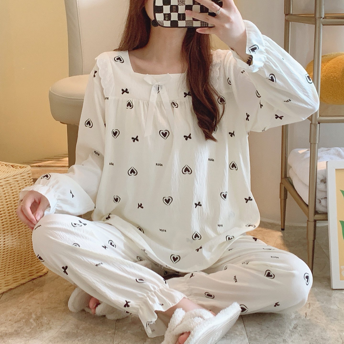 Vapetix M-XXL Jo Mengran 2025 Autumn Cloud Cotton Square Collar Long Sleeve Long Pants Pajama Set for Women Princ - 图片 5