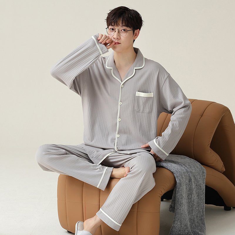Vapetix L-4XL Fall New Cotton-imitation Men's Large Placket Collar Open Top Long Sleeve Long Pants Pajamas Set fo