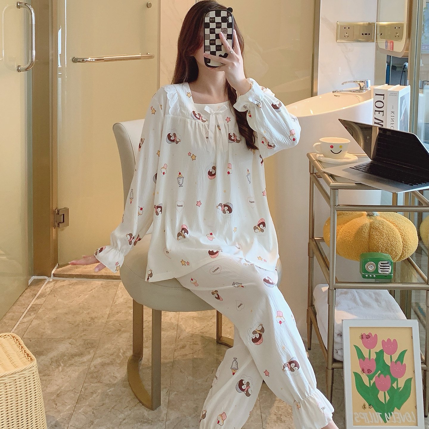 Vapetix M-XXL Qiao Mengran 2025 Autumn Cloud Cotton Square Collar Long Sleeve Long Pants Nightgown Set for Women – Bild 3