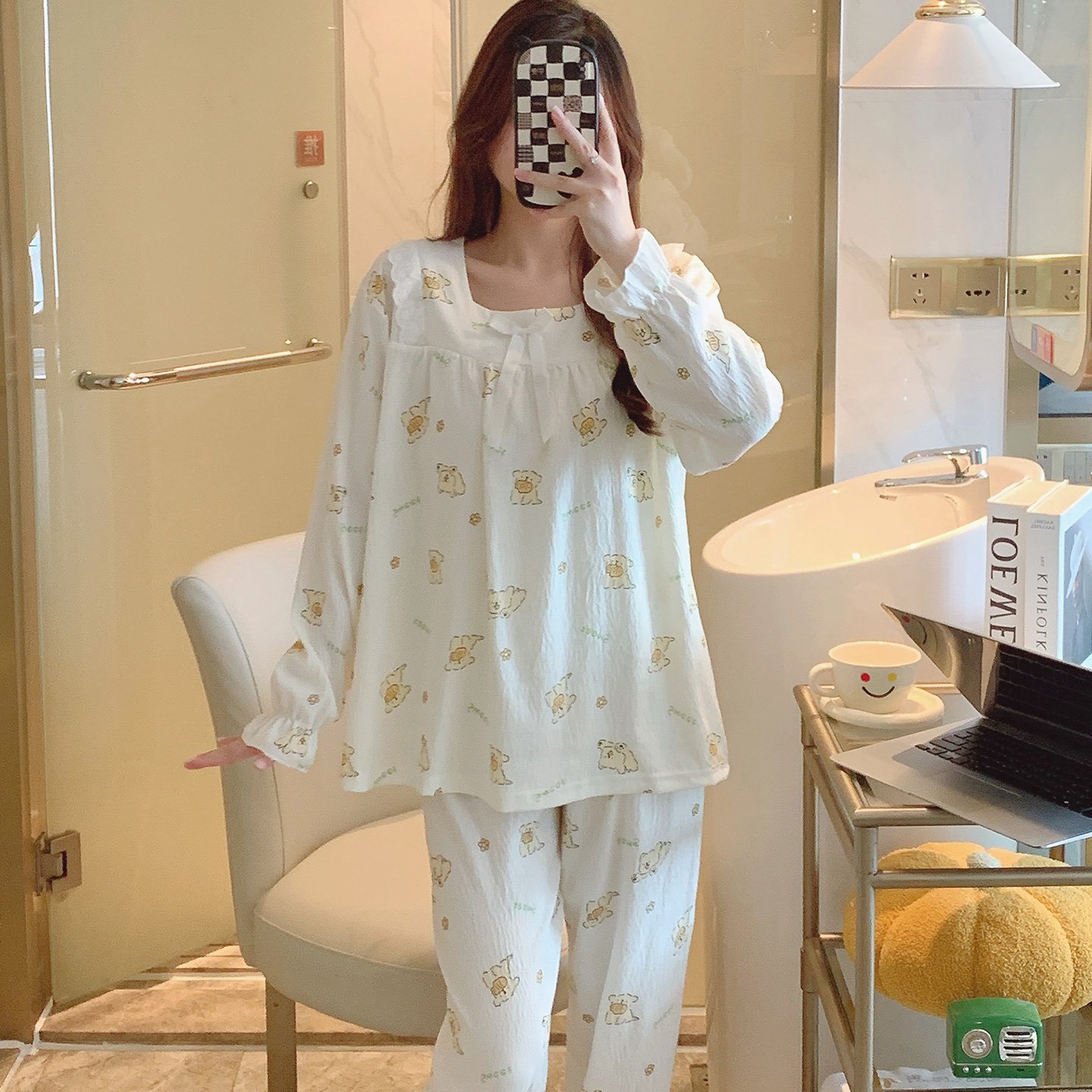 Vapetix M-XXL Jo Mengran 2025 Autumn Cloud Cotton Square Collar Long Sleeve Long Pants Pajama Set for Women Princ – Bild 2