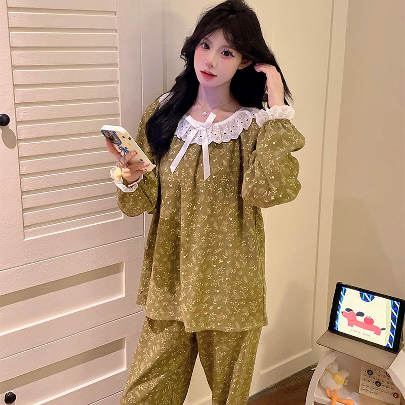 Vapetix M-XXL Women's Fall Long Sleeve Princess Style Pajama Set with Cute Round Neck Ruffle Set - Cloudy Cotton – Bild 2