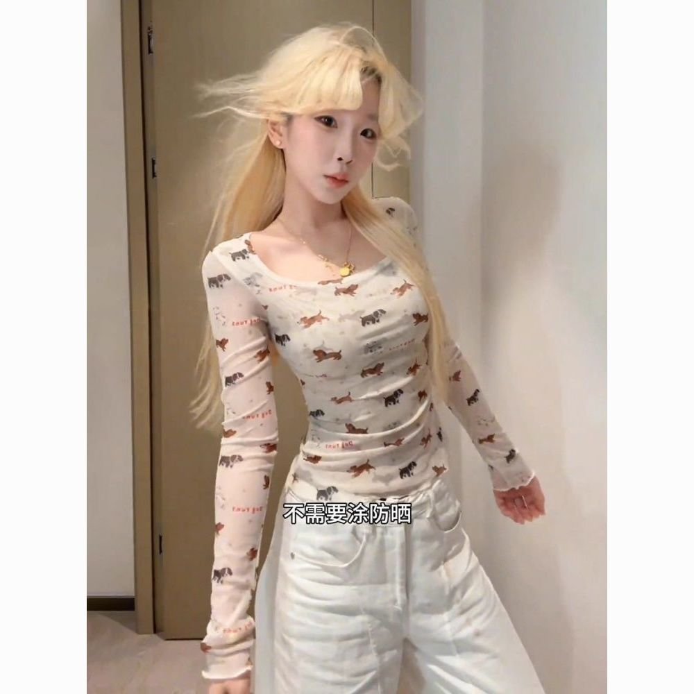 Vapetix M-XL Starry Sky Sold Out Ribbed Print Puppy U-Neck Slim Fit Vintage Long-Sleeve Women's Top – Bild 4