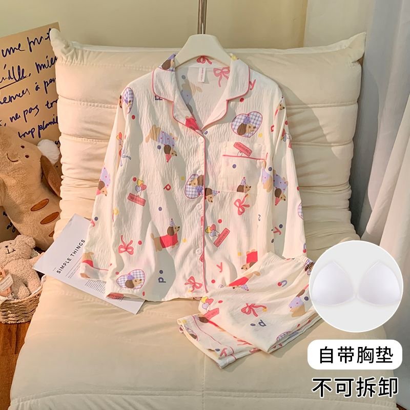 Vapetix M-XXL Women's Autumn New Sleepwear Set with Padded Bust Cardigan Knit Cloud Cotton Sweet Long Sleeve Home