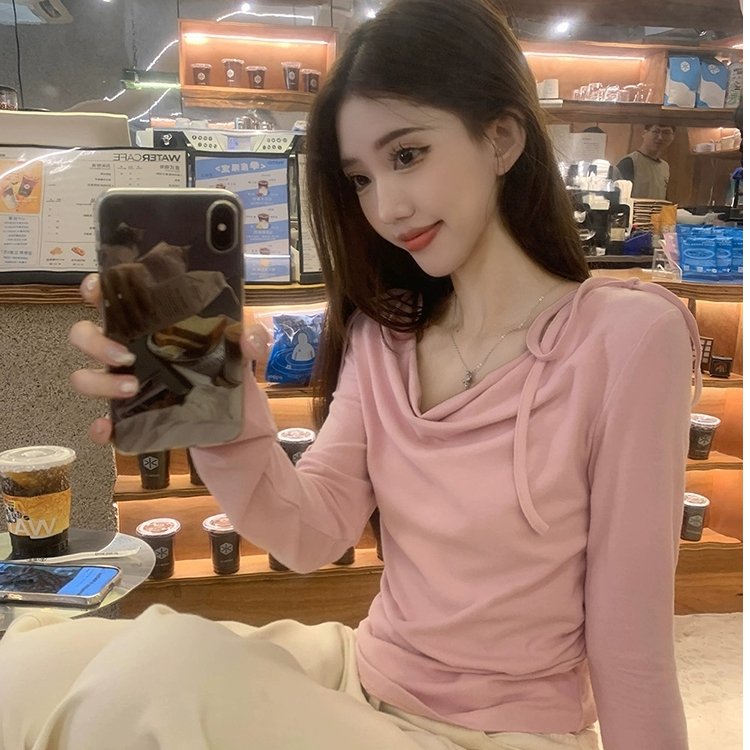 Vapetix S-XL Modest Cotton 260g Bowknot Strapped Off-the-Shoulder Long Sleeve T-shirt for Women - 2025 Autumn Ne – Bild 3