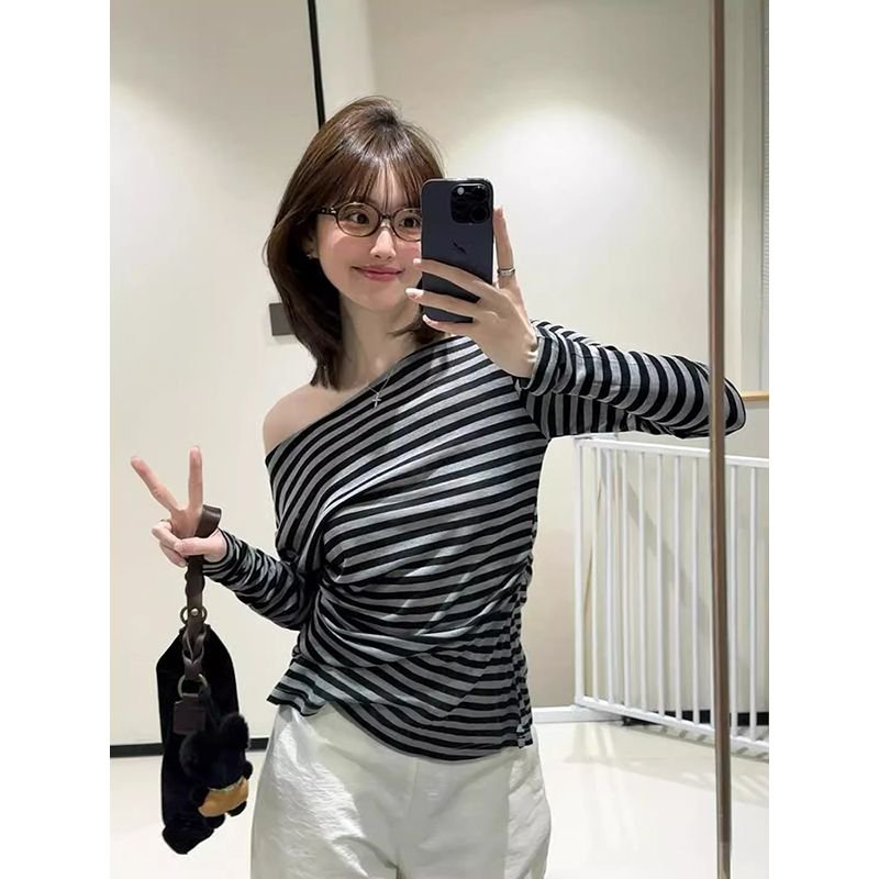 Vapetix S-XL Original Color-Woven Striped Off-the-Shoulder Long-Sleeve T-Shirt for Women, Korean Style Design, O – Bild 2