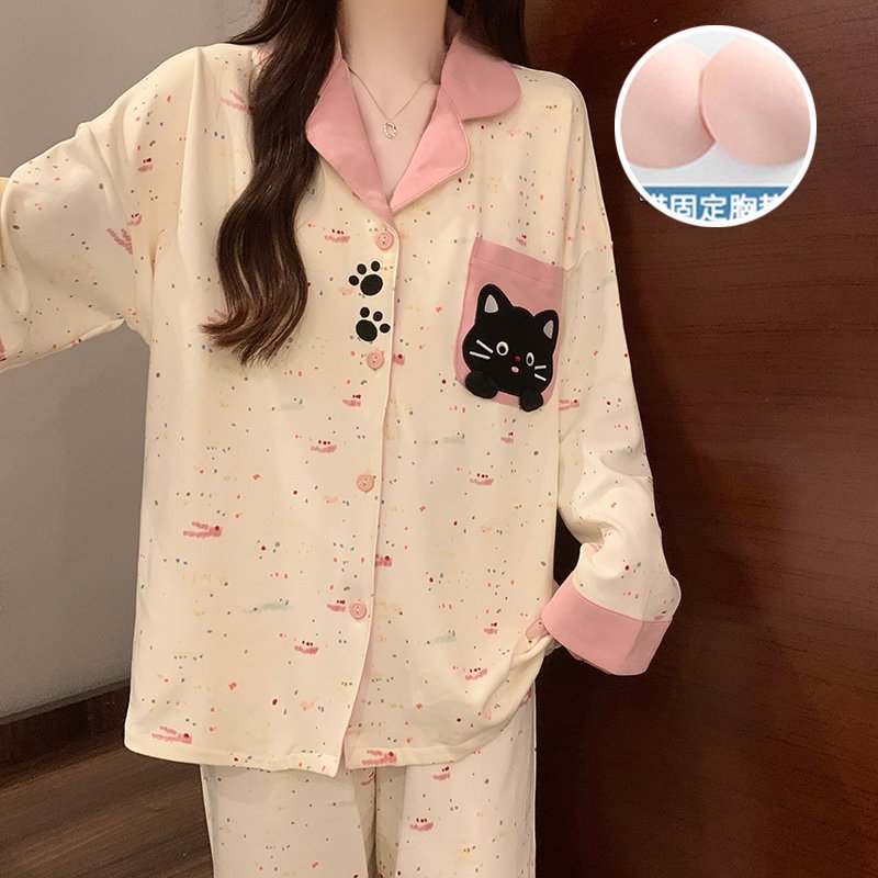 Vapetix M-XXL Women's Set: Collared Long-Sleeve Open-Front Pajama Top with Cotton-Poly Blend and Built-in Bralett – Bild 2