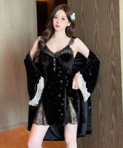 Vapetix 160(M)-170(XL)  Autumn/Winter Velour Nightgown with Built-in Bralette for Women - Sexy Robe with Lace Butterfly Pri