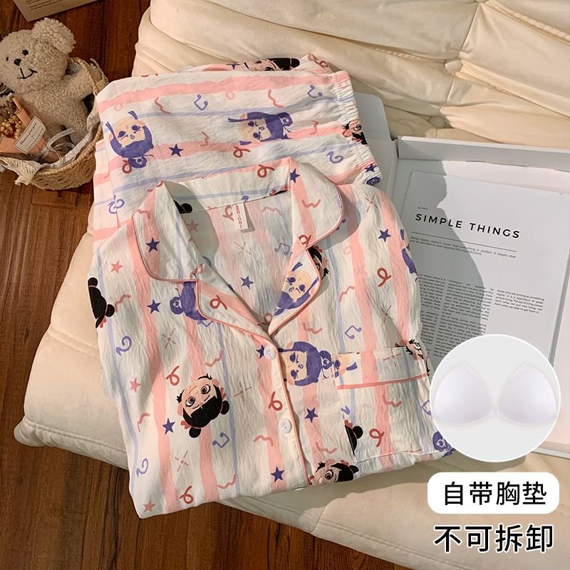 Vapetix M-XXL Women's Autumn New Pajama Set with Bra Cup Knitted Cloud Cotton Cardigan Sweet Long Sleeve Home Wea