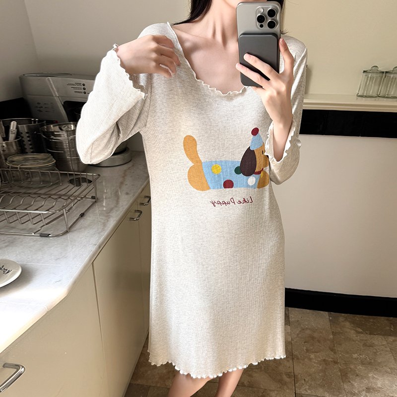 Vapetix M-XXL Xinbao (Autumn 80) Fall Medium-Length Loose Women's Cute Sweet Cartoon Ribbed Groove Cotton Homecom