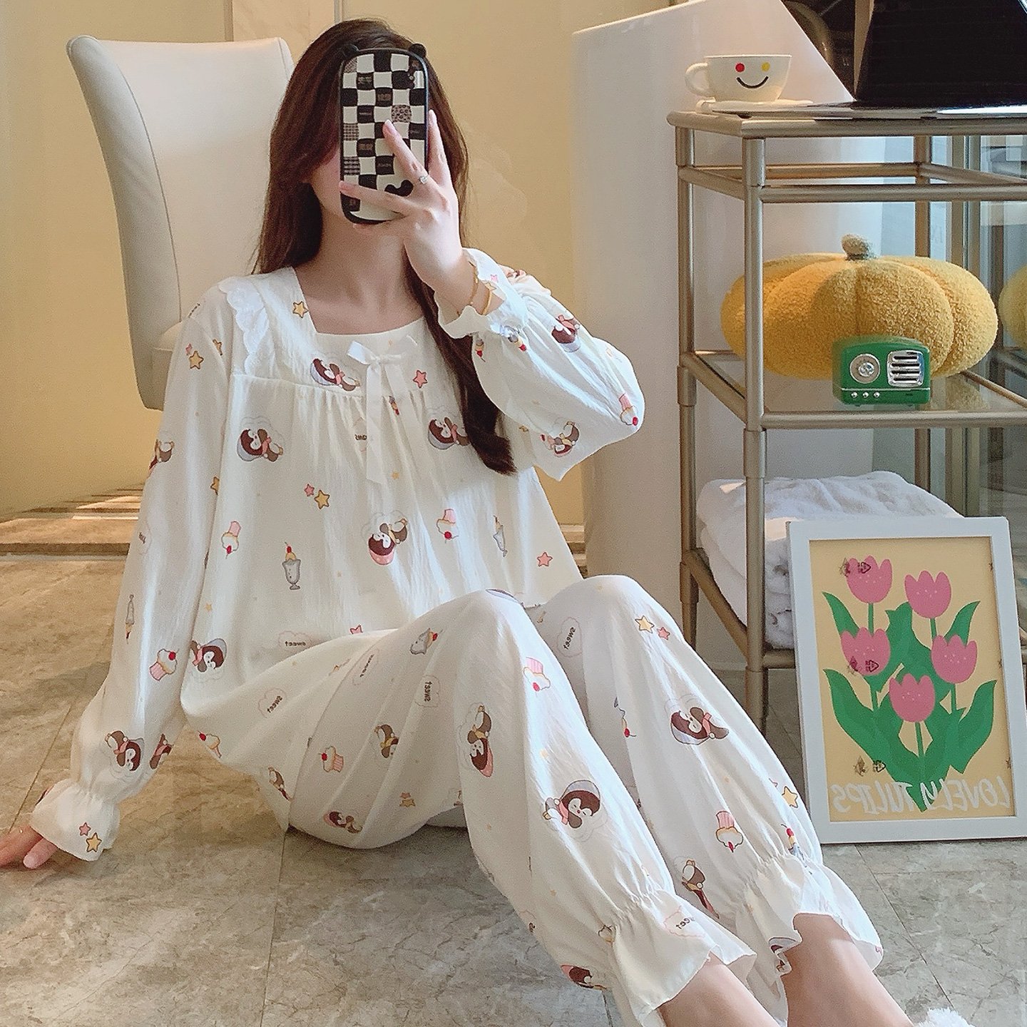 Vapetix M-XXL Qiao Mengran 2025 Autumn Cloud Cotton Square Collar Long Sleeve Long Pants Nightgown Set for Women – Bild 4