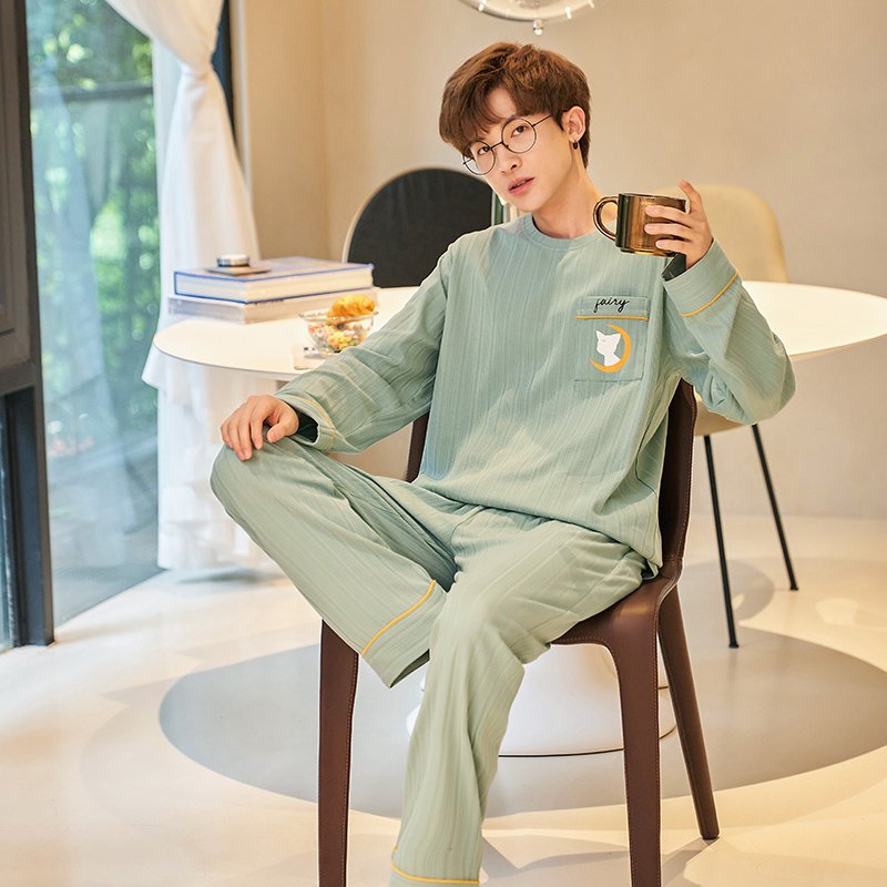 Vapetix L-4XL Autumn New Cotton-Like Men's Drawstring Crewneck Long-Sleeve Long Pants Pajama Set for Men Homecomi - 图片 2