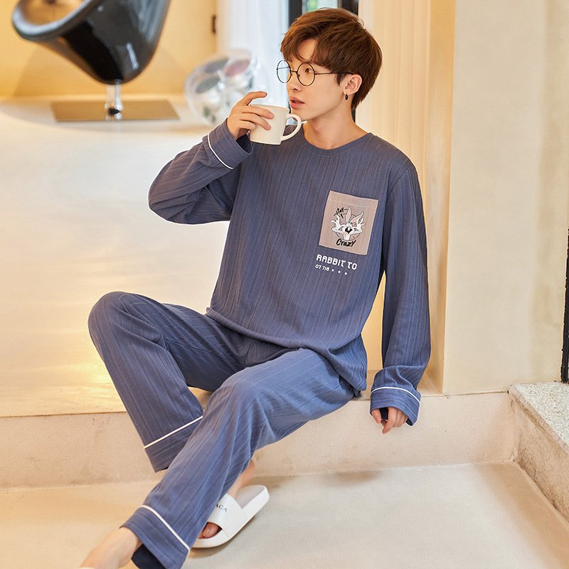 Vapetix L-4XL Autumn New Cotton-Like Men's Drawstring Crew Neck Long-Sleeve Long Pants Pajama Set for Men, Home W