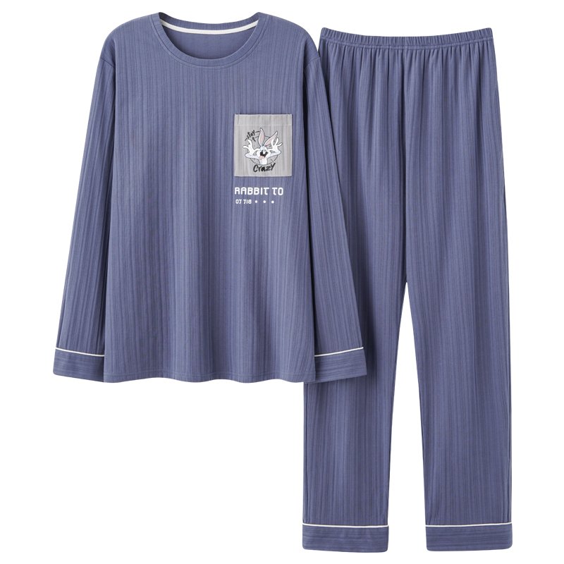 Vapetix L-4XL Autumn New Cotton-Like Men's Drawstring Crew Neck Long-Sleeve Long Pants Pajama Set for Men, Home W - 图片 2