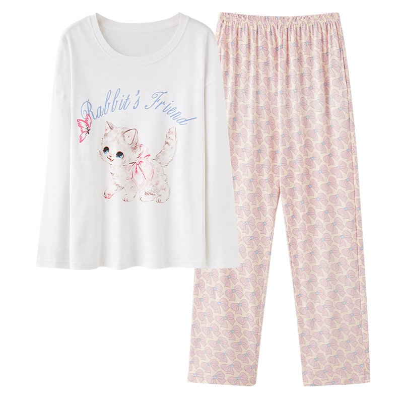 Vapetix M-XXL Women's Autumn New Cotton-Like Round Neck Pullover Long Sleeve Long Pants Pajama Set, Wearable Outs