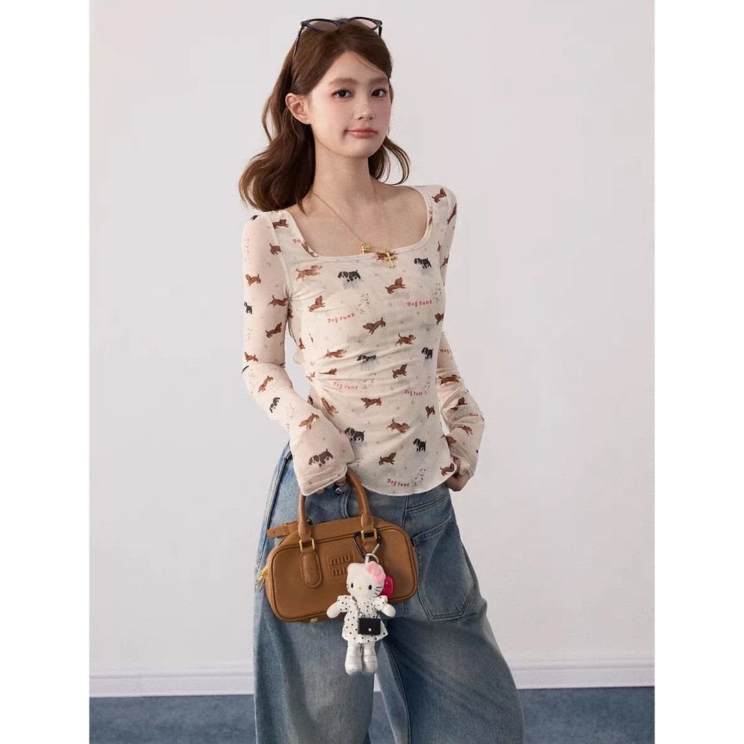 Vapetix M-XL Starry Sky shipped—Ribbed, dog-printed U-neck slim-fit vintage long-sleeve T-shirt for women