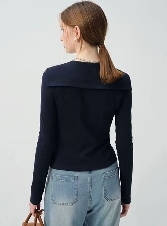 Vapetix Free Size-Free Size Women's Vintage Striped Navy Collar with Ribbon Youthful Design Long-Sleeve T-Shirt in Autumn Korea – Bild 3