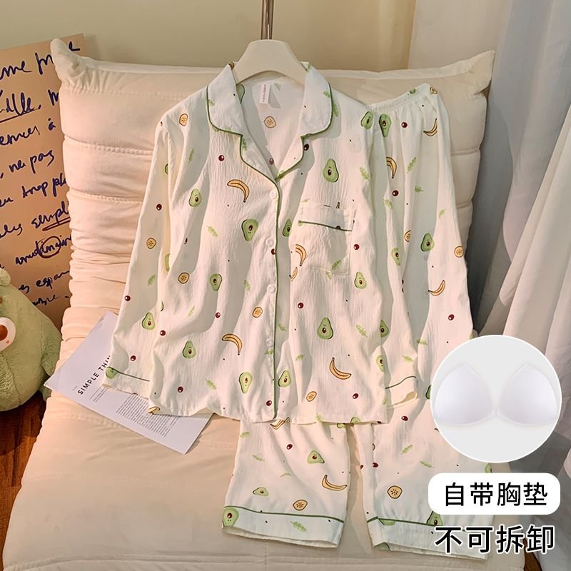 Vapetix M-XXL Women's New Fall Pajama Set with Chest Pad Knit Cloud Cotton Cardigan Sweet Long Sleeve Homecoming – Bild 2