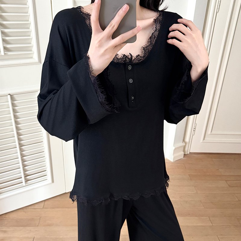 Vapetix M-XXL Orange Heart 【14th Batch】Autumn New Cotton Lining Pajama Set for Women Sweet Lace Edge Loose Two-Pi – Bild 3