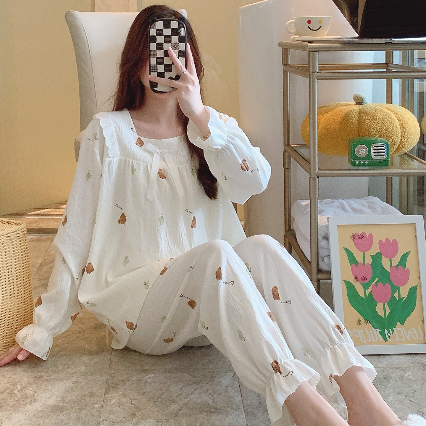 Vapetix M-XXL Qiao Mengran 2025 Autumn Cloud Cotton Square Collar Long Sleeve Long Pants Nightgown Set for Women – Bild 2