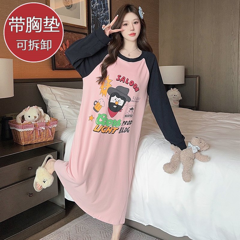 Vapetix M-5XL Women's Spring and Autumn Double-Sided Fleece Pajamas with Sweet Design, Bra Cup Padded Long-Sleeve
