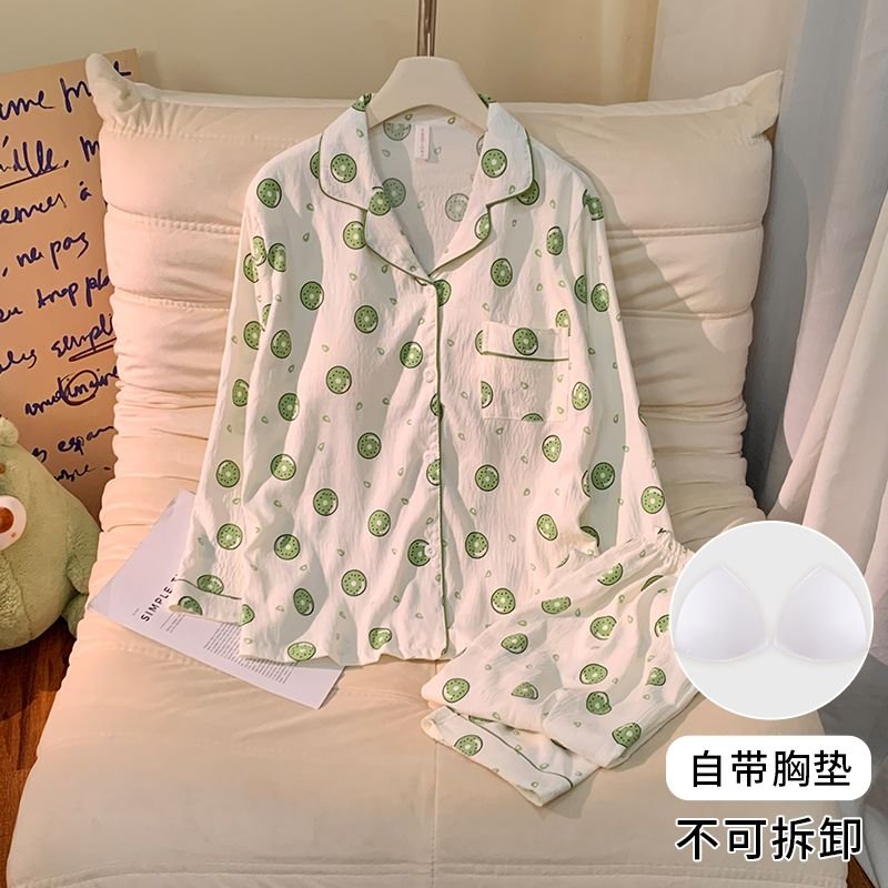 Vapetix M-XXL Women's New Autumn Pajama Set with Chest Pads, Knitted Cloud Cotton Cardigan, Sweet Long-Sleeve Hom