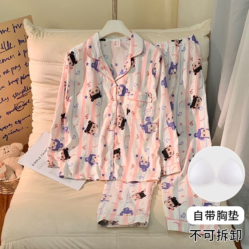 Vapetix M-XXL Women's Autumn New Pajama Set with Bra Cup Knitted Cloud Cotton Cardigan Sweet Long Sleeve Home Wea – Bild 2