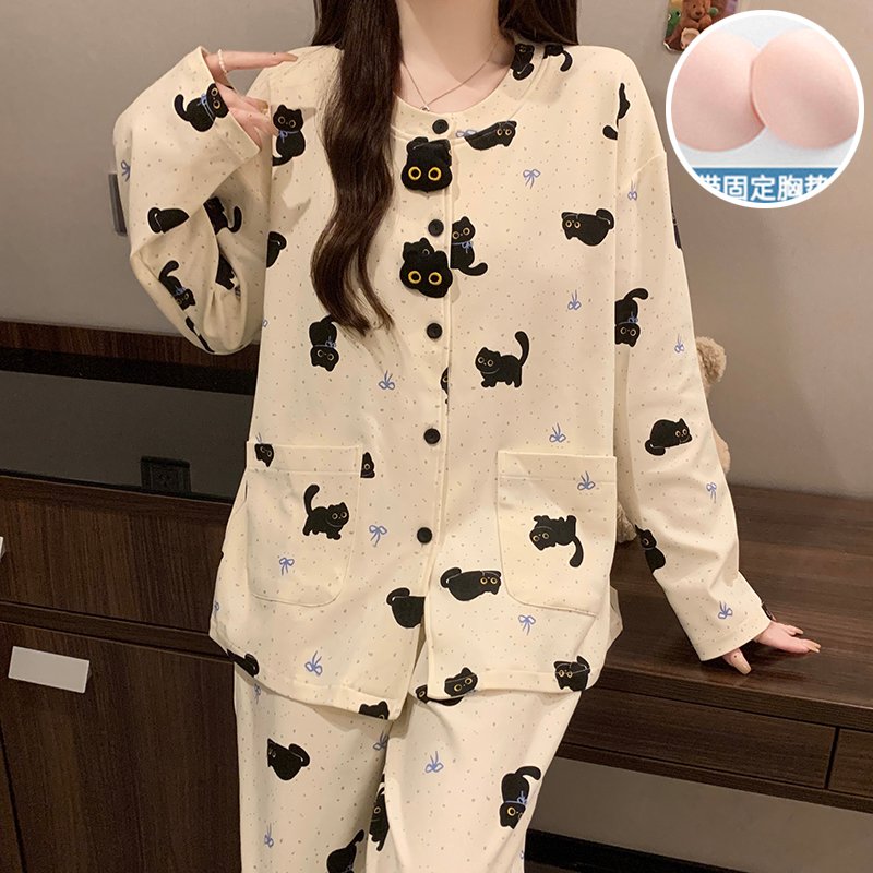 Vapetix M-XXL Women's 2025 Autumn 180g Cotton-Blend Blouse with Collar, Long Sleeve, Long Pants Pajama Set with B