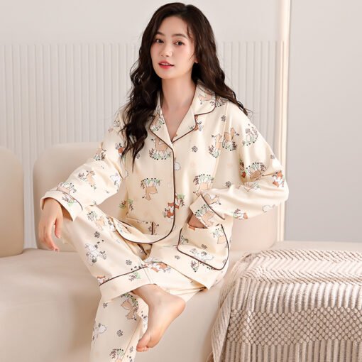 Vapetix M-XXXL  Autumn New 100% Cotton Ladies' Collarless Open Top Long Sleeve Long Pants Nightgown Set for Postpar – Bild 3