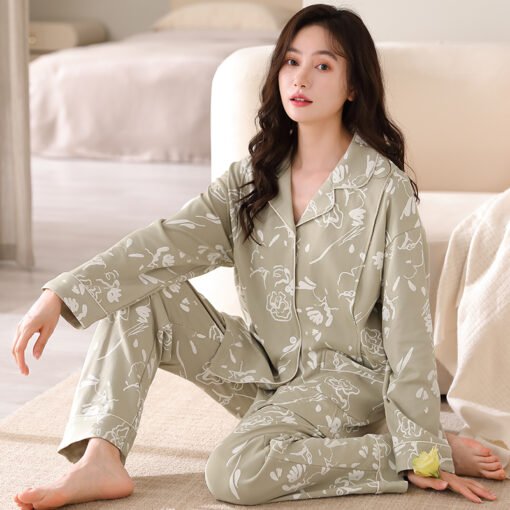Vapetix M-XXXL  New Autumn 100% Cotton Women's Collarless Open Front Long Sleeve Long Pants Nightgown Set for Postp
